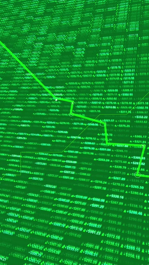 Green finance data chart rising line graph, glowing price numbers, market symbol Stock Footage 340569138