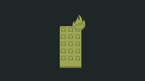 Green Fire in burning building on city street icon isolated on black background Stock Footage 235429943