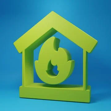 Green Fire in burning house icon isolated on blue background. Minimalism co.. Ilustración de archivo