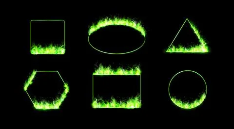 Green fire flame frames, fiery rectangle, triangle, hexagon, oval and circle Illustrazione stock