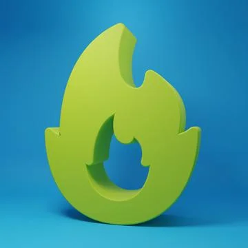 Green Fire flame icon isolated on blue background. Minimalism concept. 3D r.. Stock Illustration