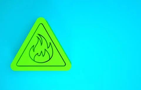Green Fire flame in triangle icon isolated on blue background. Warning sign o Stock Illustration