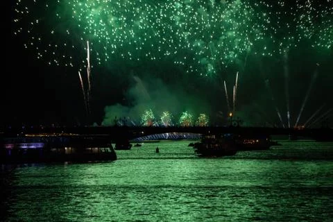 Green firework display over Trinity bridge in Saint Petersburg ,Russia Stock Photos