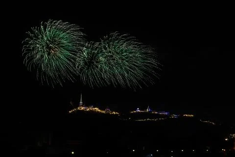 Green Fireworks Exploding Over Phra Nakhon Khiri Historical Park In Phetcha.. Stock Photos