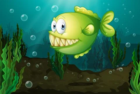A green fish with big fangs under the sea Stock Illustration