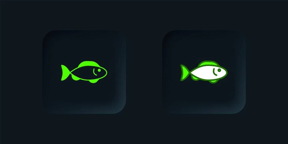 Green Fish icon isolated on black background. Black square button. Vector Stock Illustration