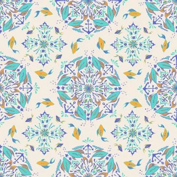 Green Fish Mandala Pattern on a Cream Color Tile Stock Illustration