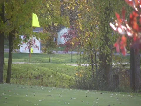 Green flag in autumn sunset Stock Footage 34568791