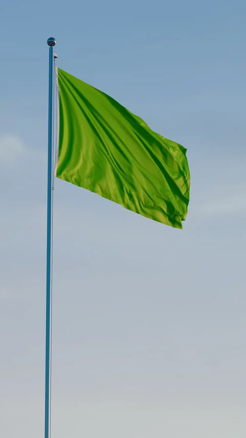 Green Flag: Cinematic Vertical Waving Flag Against Blue Sky Stock Footage 321870461