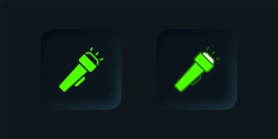 Green Flashlight icon isolated on black background. Black square button. Vect Stock Illustration