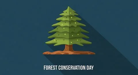 Green flat design pine tree with long shadow on a dark blue background, for.. Stock Illustration