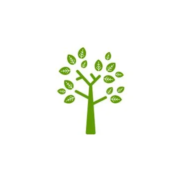 Green flat geometric tree with straight branches sharp leaves isolated on white Illustrazione stock
