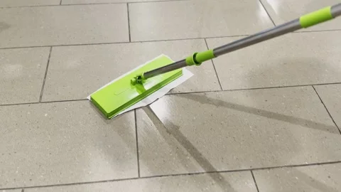 Green Flat Mop Cleaning Light Grey Tiled Floor Stock Footage 340850103