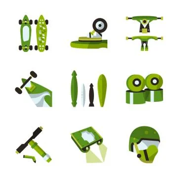 Green flat vector icons for longboard accessories Stock Illustration