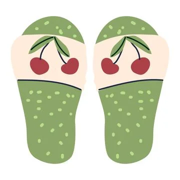 Green flip flop with cherry isolated icon on transparent background Stock Illustration