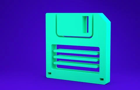 Green Floppy disk for computer data storage icon isolated on blue background. Illustrazione stock