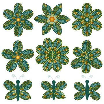 Green Floral design elements set. Abstract folk style flowers with geometric  イラスト素材