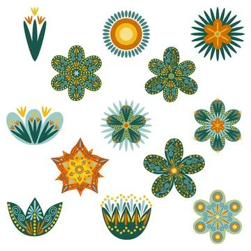 Green Floral design elements set. Abstract folk style flowers with geometric  Stockillustratie