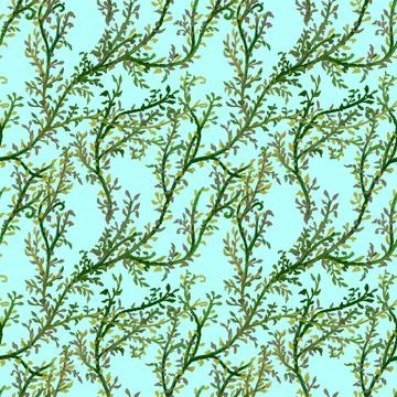 Green floral seamless pattern on blue background Stock Illustration