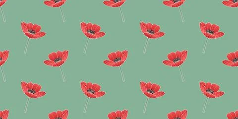 Green floral seamless pattern with red poppy flowers. Stock Illustration