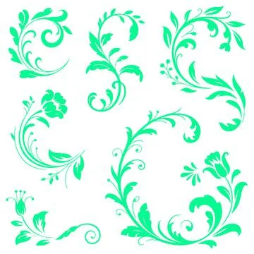 Green floral swirl design elements set for vintage ornament decoration. Stock Illustration