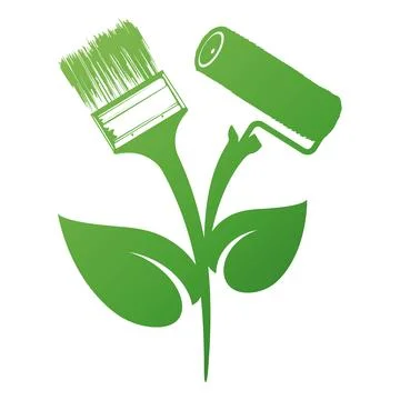 Green flower with paint roller and brush. Eco painting symbol Stock Illustration