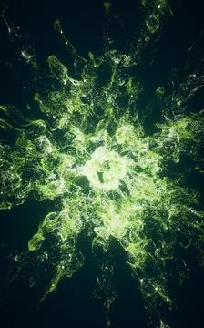Green flowing particles with explosive wave effect, 3d rendering. Stock Illustration