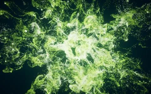 Green flowing particles with explosive wave effect, 3d rendering. Stock Illustration