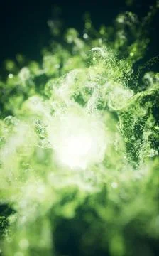 Green flowing particles with explosive wave effect, 3d rendering. Stock Illustration