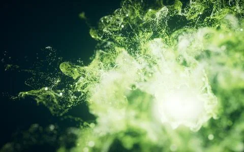 Green flowing particles with explosive wave effect, 3d rendering. Stock Illustration