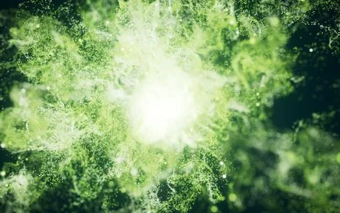 Green flowing particles with explosive wave effect, 3d rendering. 스톡 일러스트