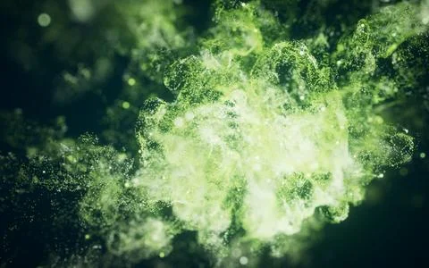 Green flowing particles with explosive wave effect, 3d rendering. イラスト素材