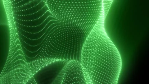 Green flowing wave of tiny glowing particles forming a dynamic digital land.. Stock Footage 326141597