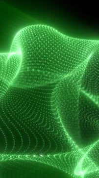 Green flowing wave of tiny glowing particles forming a dynamic digital land.. Stock Illustration