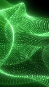 Green flowing wave of tiny glowing particles forming a dynamic digital land.. Illustrazione stock
