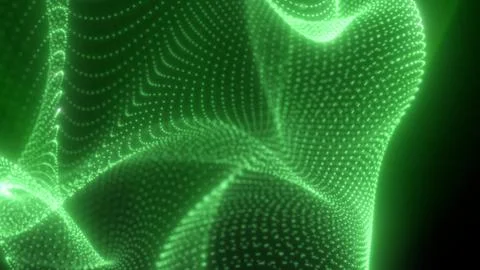 Green flowing wave of tiny glowing particles forming a dynamic digital landsc Stock Illustration