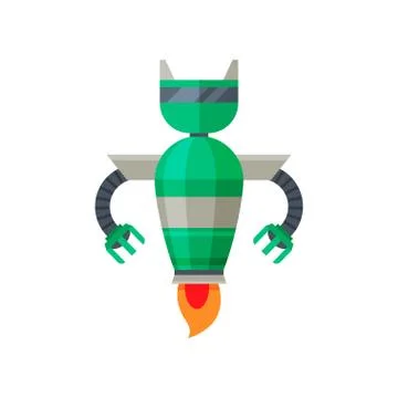 Green flying robot with jet engine. Futuristic steel android. Flat vector for Stock Illustration