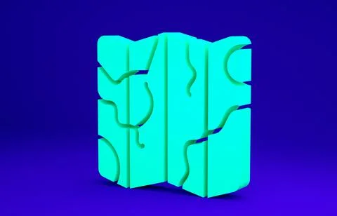 Green Folded map icon isolated on blue background. Minimalism concept. 3d ill Stock Illustration