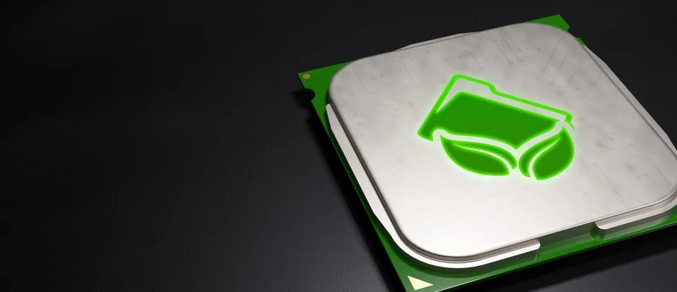 Green folder and leaf icon with CPU microchip Banner with Copyspace 3D Render Illustrazione stock