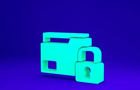 Green Folder and lock icon isolated on blue background. Closed folder and pad Illustrazione stock
