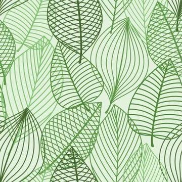 Green foliage seamless pattern of outline leaves Stock Illustration