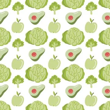 Green food seamless pattern with hand drawn avocado cabbage broccoli and apple Ilustración de archivo
