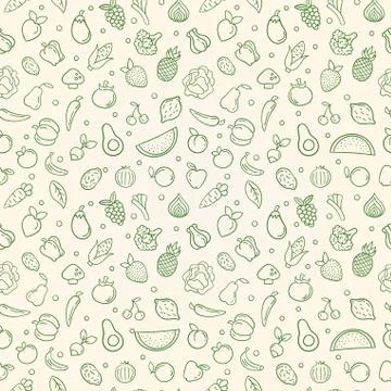 Green food seamless pattern of vegetable fruits Stock Illustration