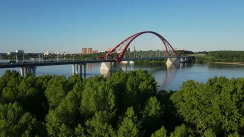 Green forest against the backdrop of a road bridge, blue sky and river Stock Footage 165324288