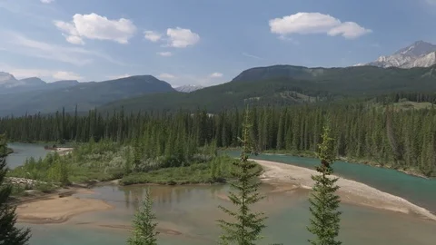 Green forest with beautiful mountains and lake on a sunny day Stock Footage 99080730