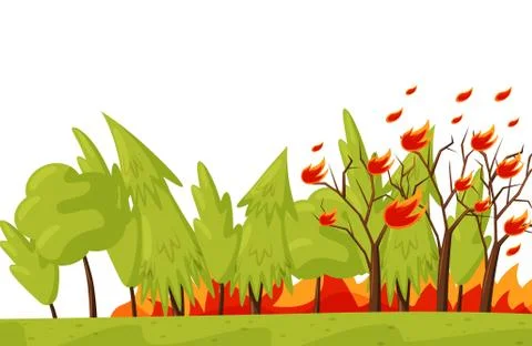 Green forest in fire. Burning trees. Natural disaster. Emergency situation Stock-Illustration
