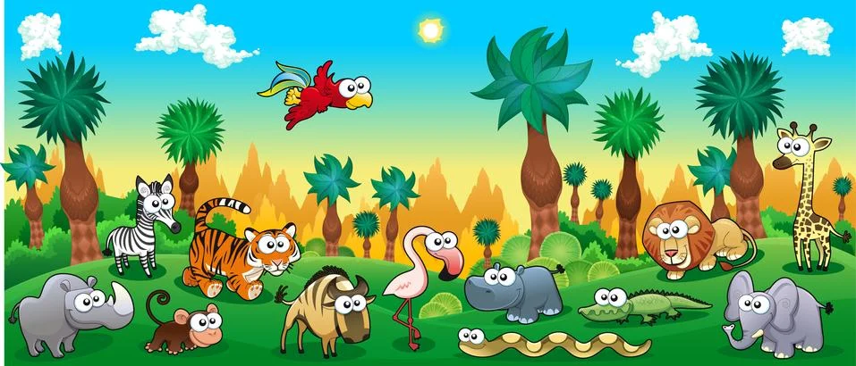Green forest with funny wild animals Stock Illustration