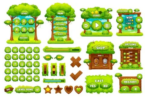 Green forest game interface, Ui game buttons set Illustrazione stock