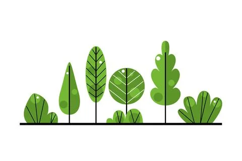 Green forest nature icon. Vector flat illustration of various trees and bus.. Stock Illustration