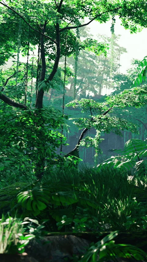 Green forest path leads deeper into vibrant jungle landscape Stock Footage 338424581